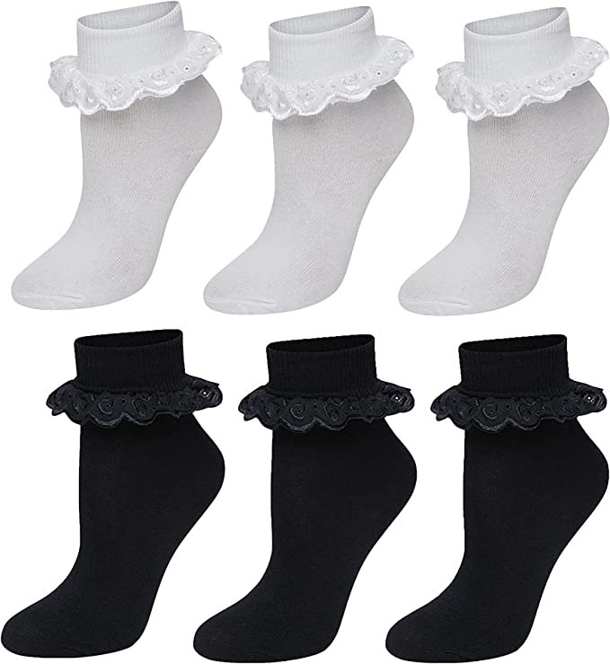 6 Pairs Ruffle Ankle Socks Lace Frilly Socks Fashion Women Girls